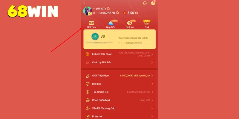 Chọn rút tiền tại trang cá nhân 68win