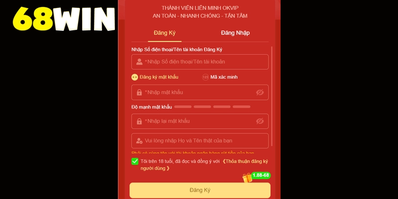 Điền đầy đủ thông tin tạo tài khoản theo yêu cầu 68win