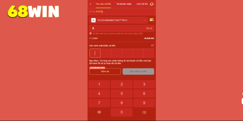 Nhập số tiền và mật khẩu để rút tiền 